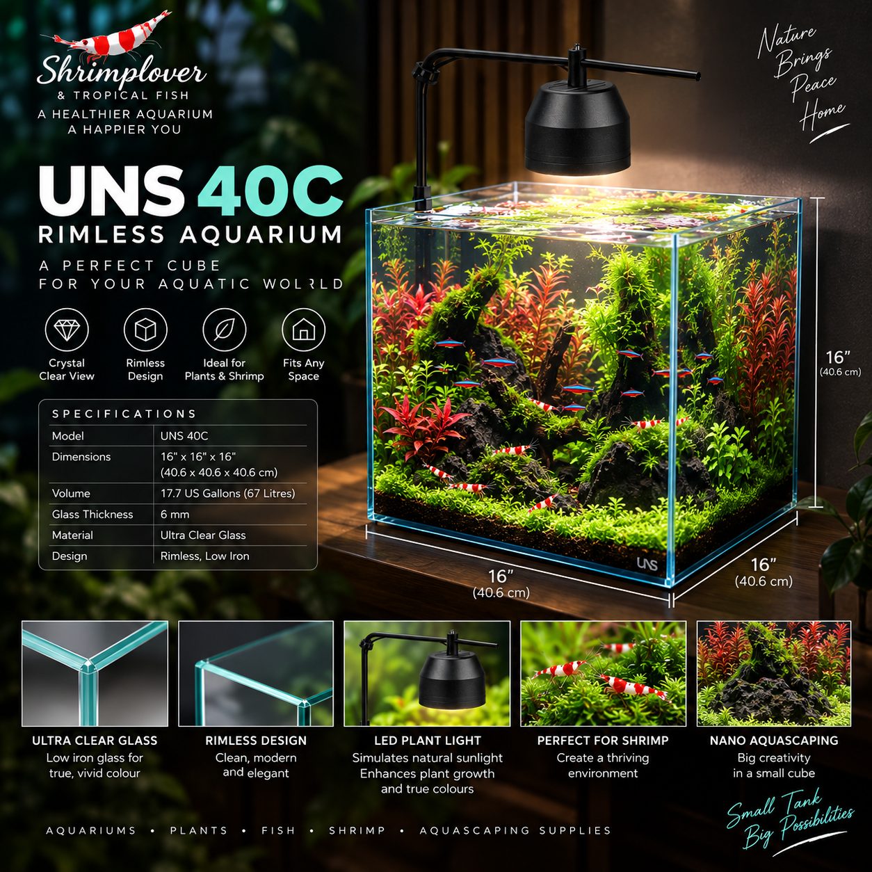 UNS 40C - 16.9 gallon Ultra Clear Rimless Aquarium/ Tank