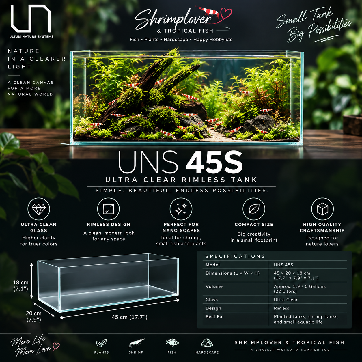 UNS 45S- 5.9/6 Gallon Ultra Clear Rimless Tank