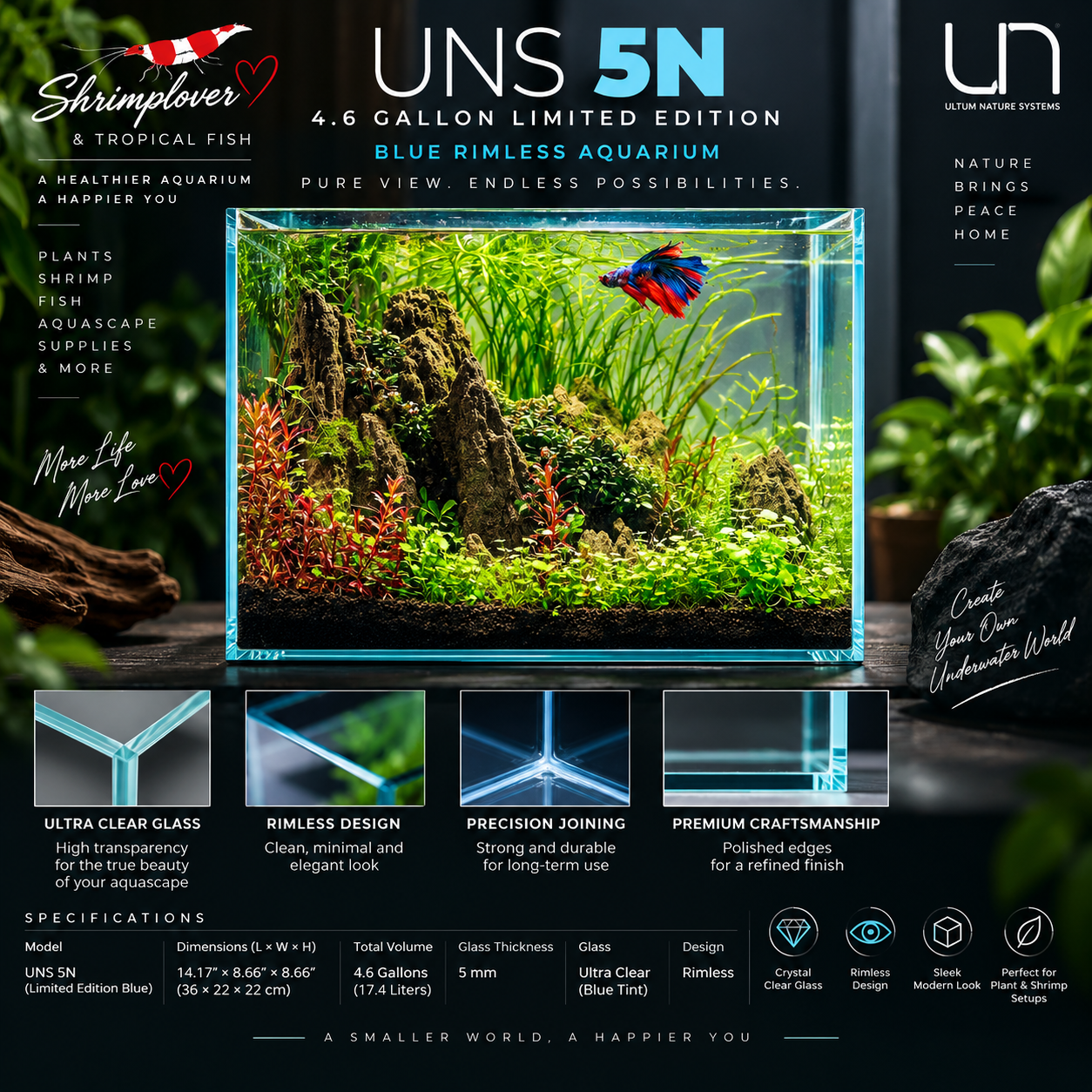 UNS 5N - 4.6 Gallon Limited Edition Blue Rimless Aquarium