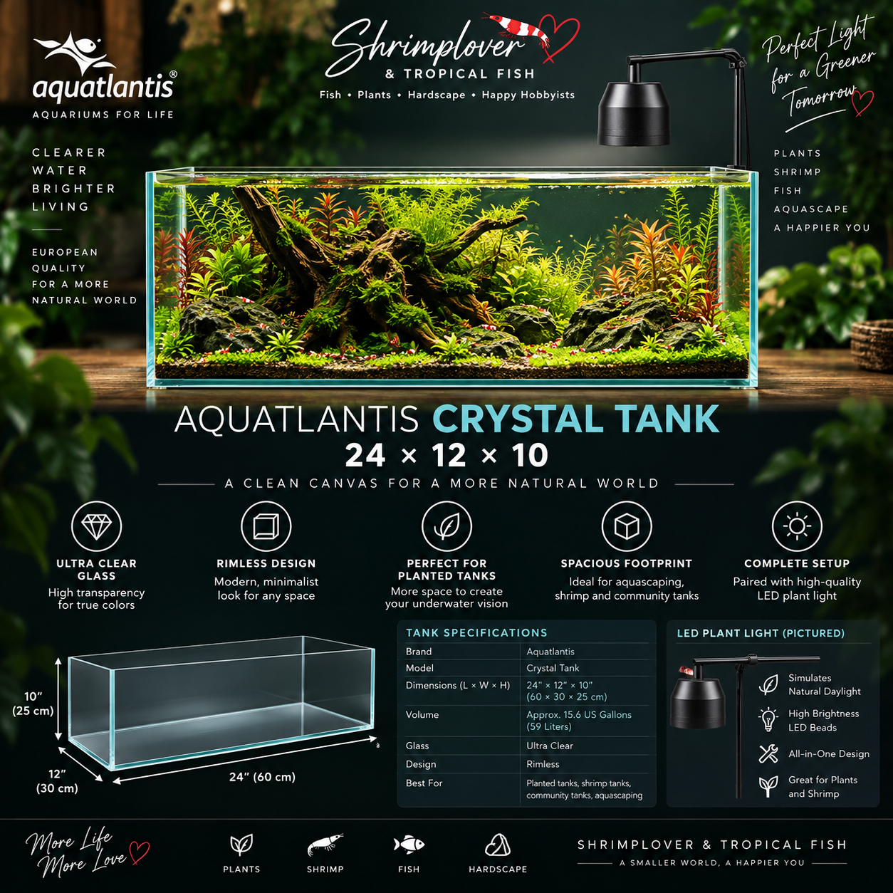 Aquatlantis Crystal Rimless Tank 12gallon - 24x12x10