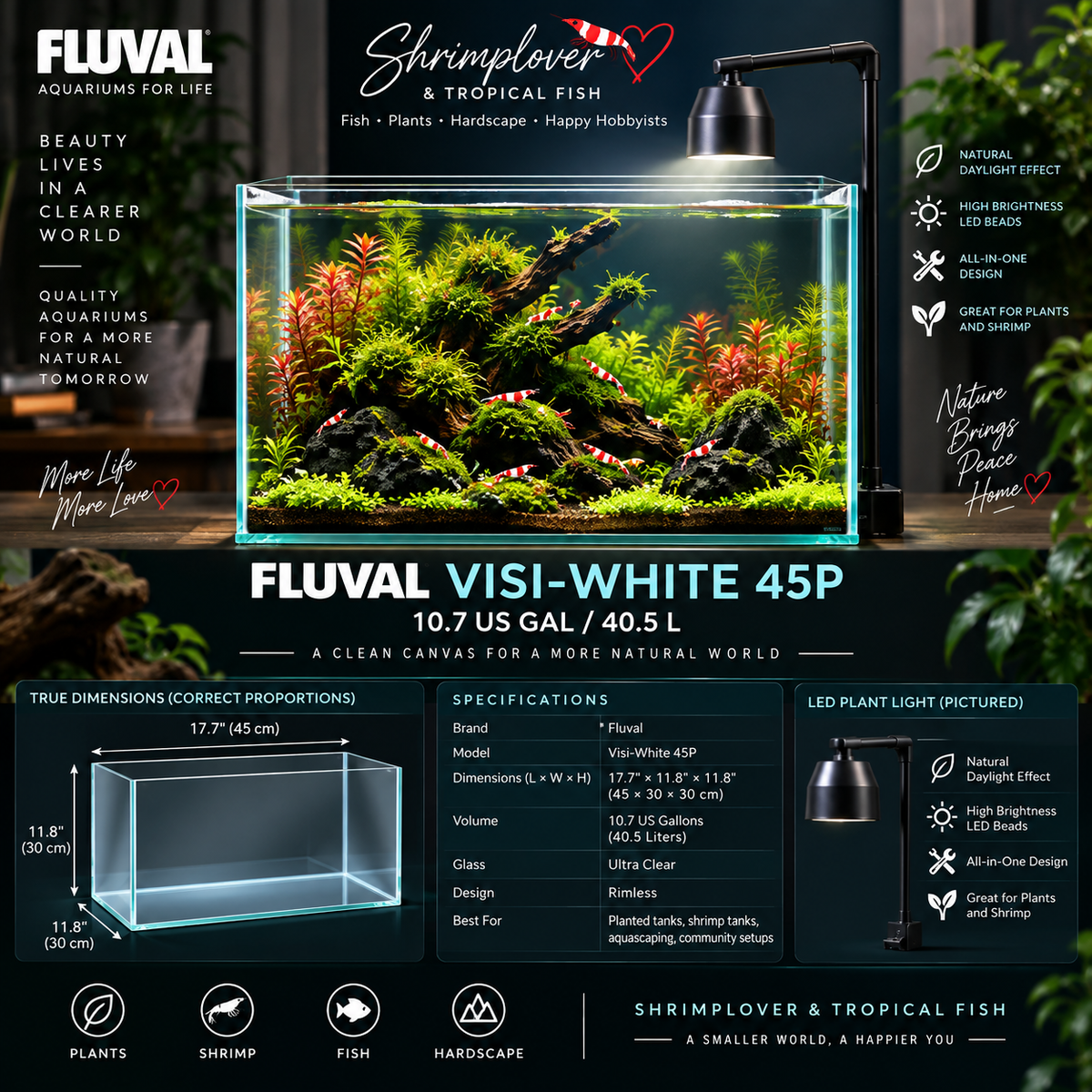 Fluval Crystal Rimless Tank 10.7 gallon / Visi-White 45p