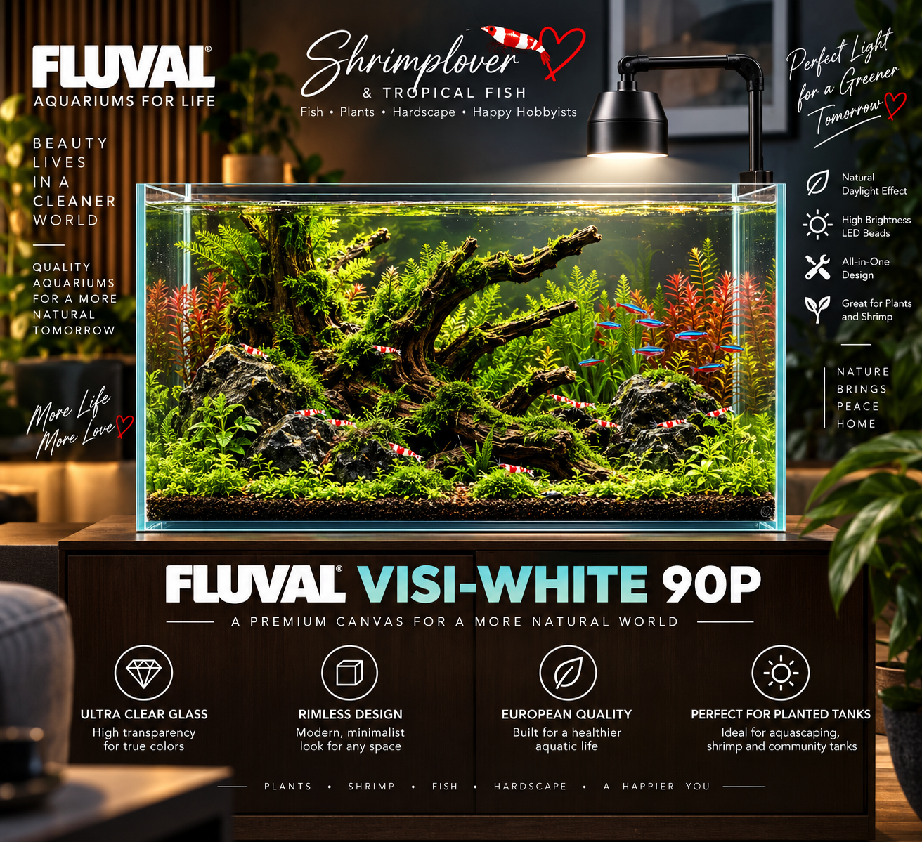 Fluval Crystal Rimless/Visi-White 90P Aquarium Tank - 53.6 US Gal / 202.5 L